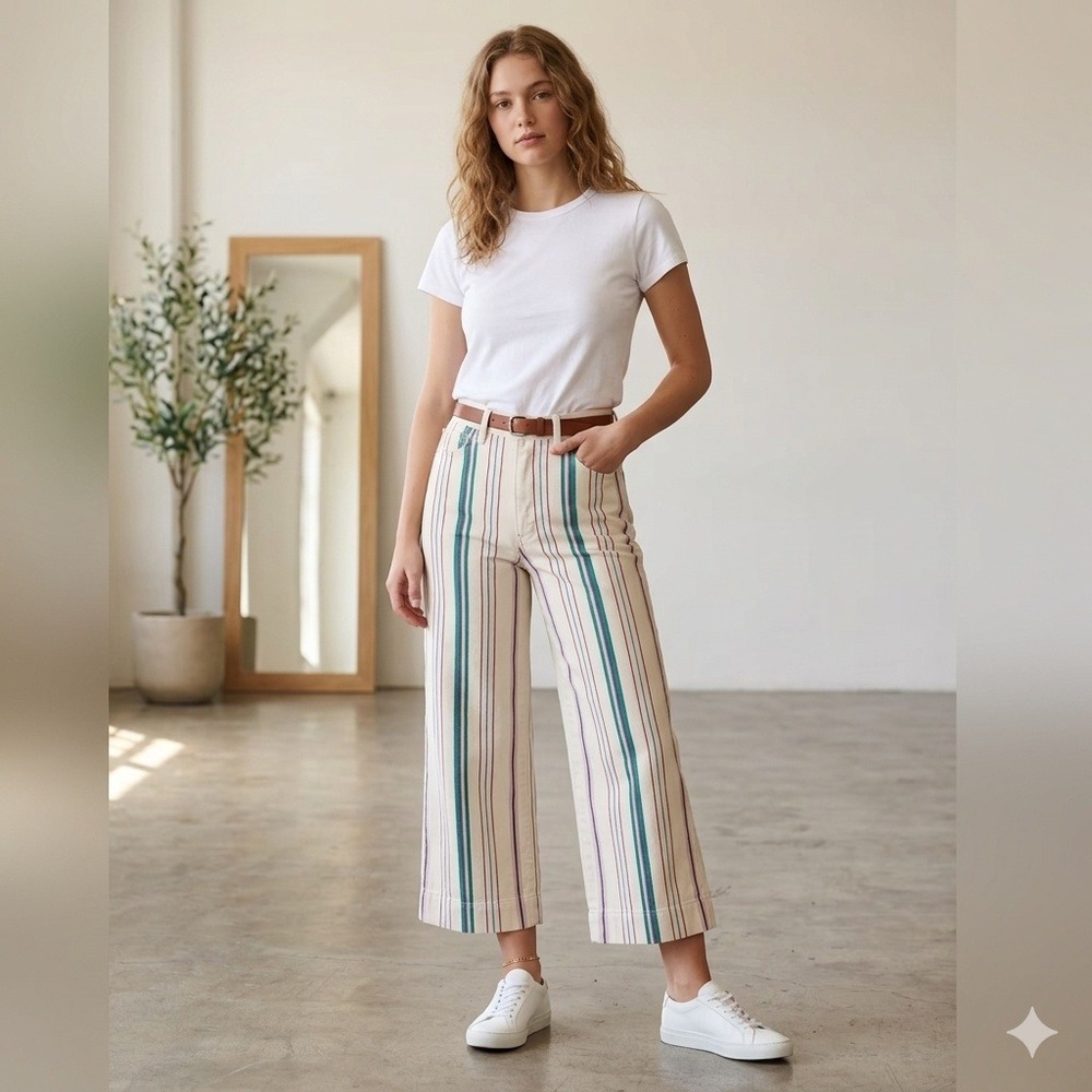 Madewell Emmett Wide Leg Crop Pants Sz 26 Multi‎ Color Vertical Stripe High Rise